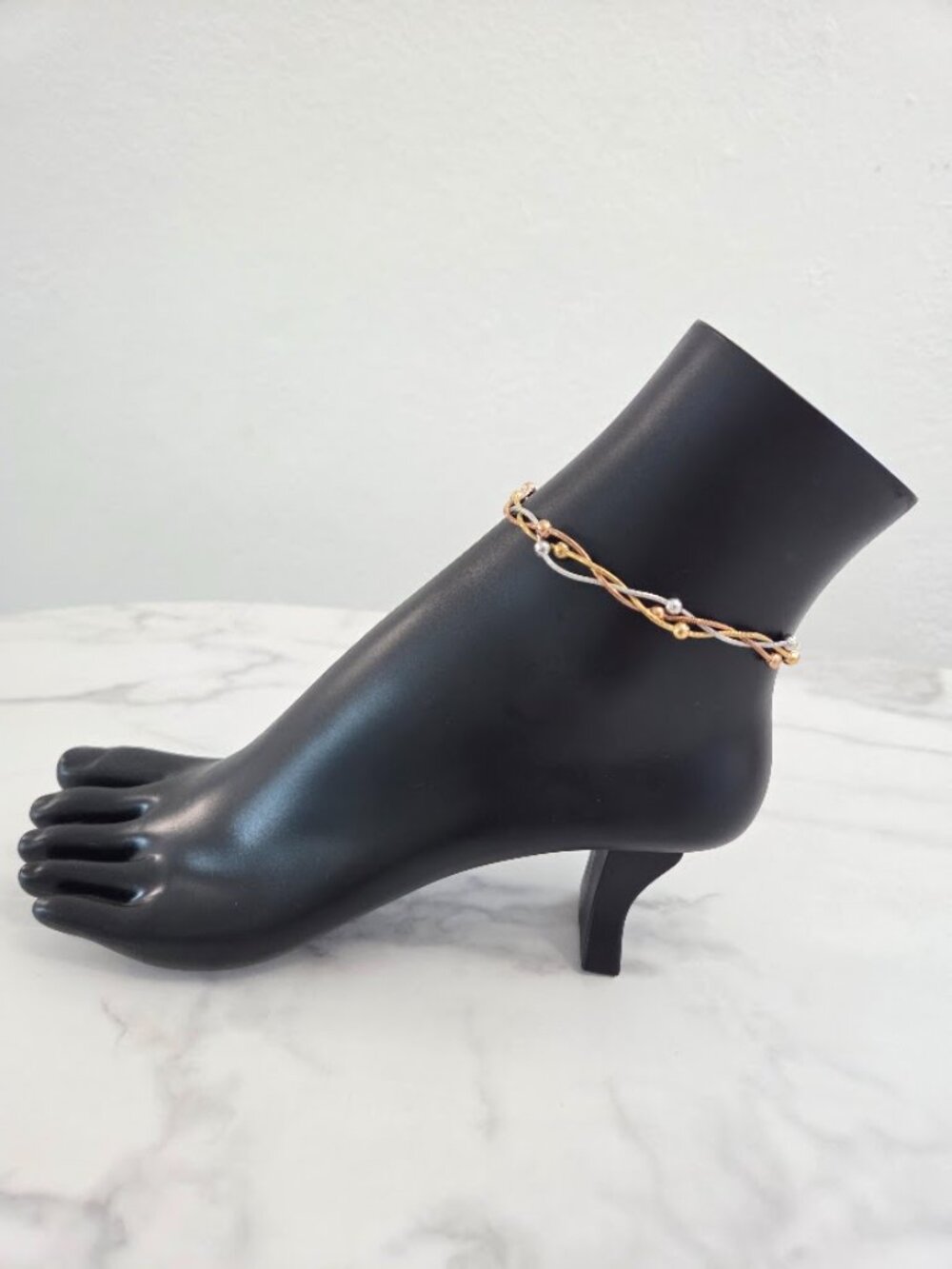 Tri-Tone Beaded Snake Chain Anklet Braided Gold Rose Gold Silver - Picture 7 of 12